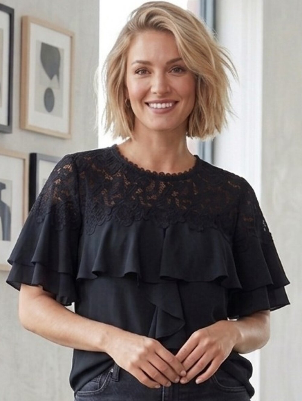 NEW Beautiful Rebecca Taylor Black Lace Ruffle Top Blouse Sz Size 8